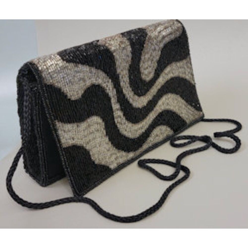 Vtg Black & Silver Beaded Walburg Clutch/Evening Bag/Purse Made in Macau